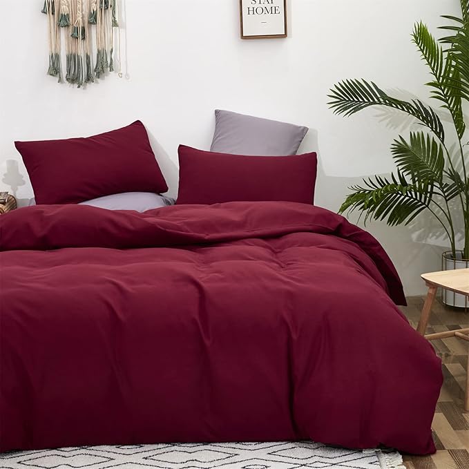 Pureant Burgundy Comforter Sets Queen Size Wine Red Bedding Comforters Solid Dark Color Quilts Cotton Women Girls Luxurious Plain Claret Red Comforter Soft Crimson Bedding Noble Bordeaux Bed