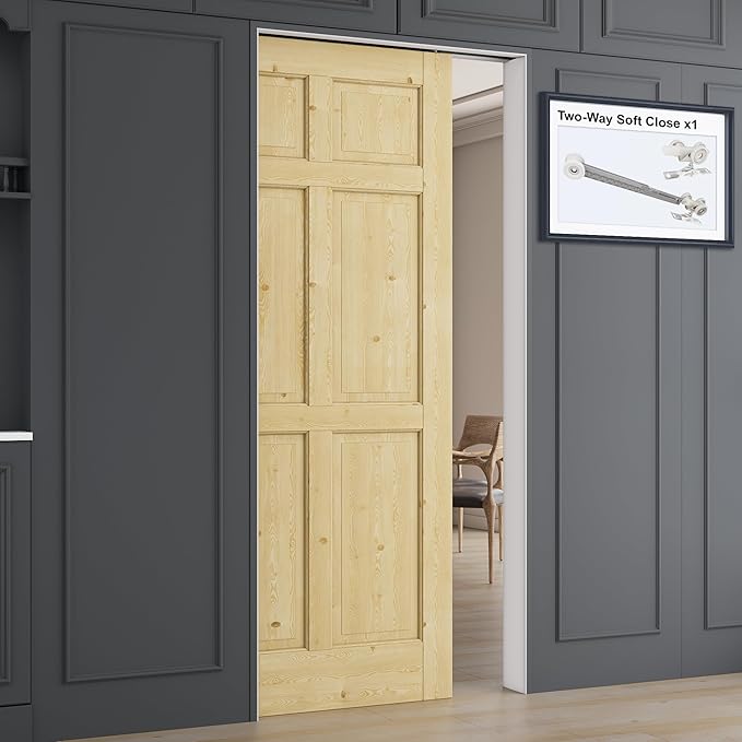 36" x 80" 6 Panel All-Inclusive Soft Close & Solid Core Sliding Pocket Door, Pine Wood Door with Frame & Hardware Kit, Pocket Interior Doors for Home, Unfinished