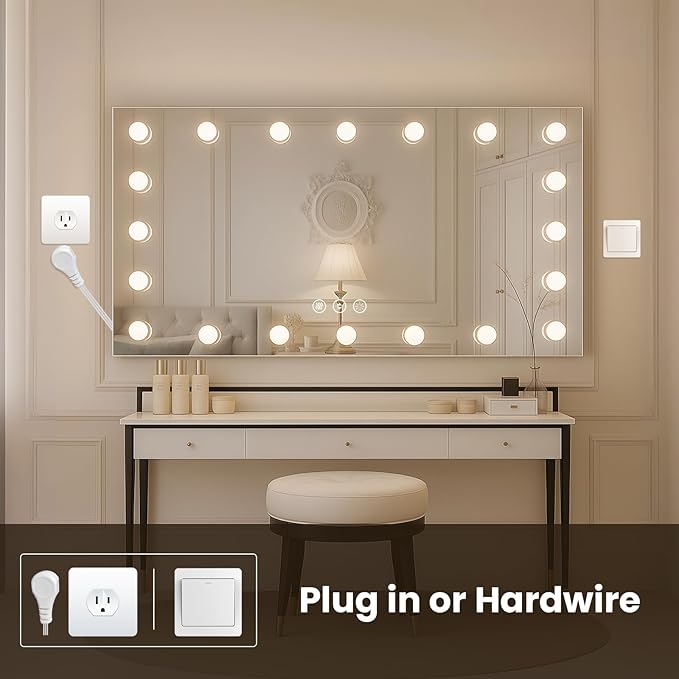 WTTY 72"x36" Hollywood Vanity Mirror with Lights, Wall-Mounted Makeup Mirror with 3 Color Temperatures, Stepless Dimmable Bulbs, Anti-Fog & Shatter-Proof