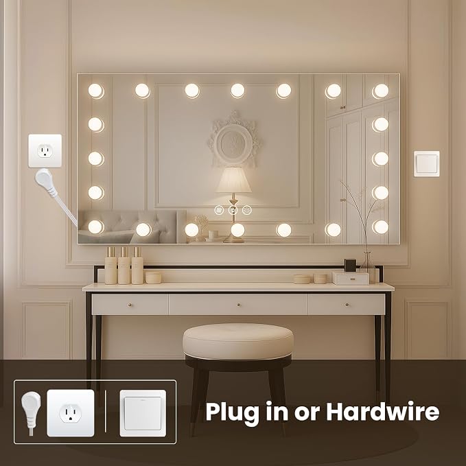 WTTY 60"x30" Hollywood Vanity Mirror with Lights, Wall-Mounted Makeup Mirror with 3 Color Temperatures, Stepless Dimmable Bulbs, Anti-Fog & Shatter-Proof