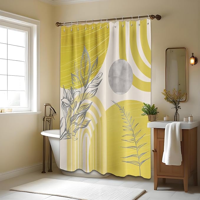 Mustard Yellow Shower Curtain Boho Mid Century Light Yellow and Grey White Shower Curtains for Bathroom Decor, Waterproof Cloth Fabric with Hooks, 70" W x 72" L
