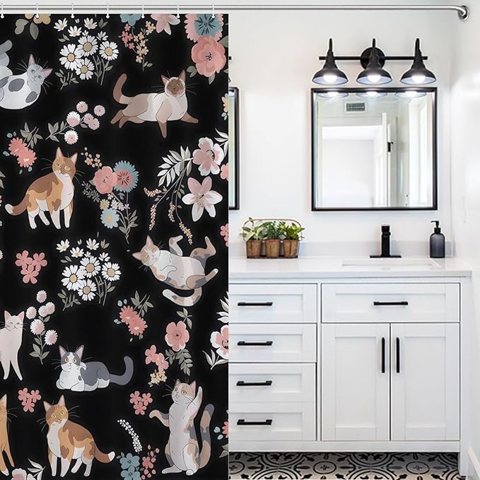 Cat Shower Curtain,Watercolor Black Floral Garden Funny Animals Bathroom Curtain Polyester Waterproof Fabric Decor 66x72in（168x183cm）