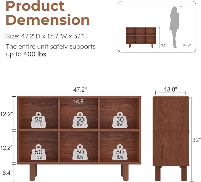 Solid Wood 6 Cube Storage Organizer, Horizontal Bookshelf with Storage, 2 Shelf Bookcase, 6 Cube Shelf, TV Stand Bookshelf, Small Book Shelf for Kids Rooms, Bedroom, Living Room, Offices (47.2 Wide)
