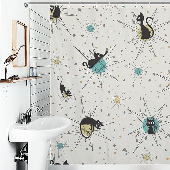 Vintage Mid Century Cats Shower Curtain Black Cat Retro Diamond Atomic 1950s 1960s Abstract Geometric Simple Waterproof Shower Curtains for Bathroom Decor 12 Pack Hooks 72x72in (183x183cm)