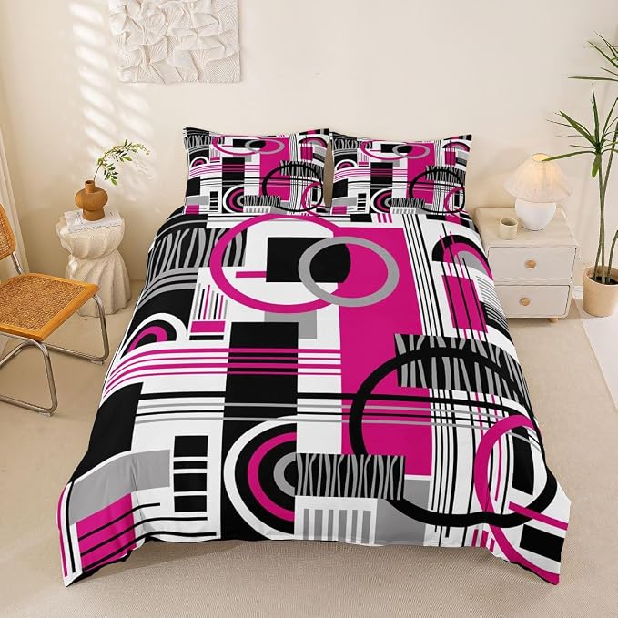 Art Deco Mid Century Duvet Cover Set Retro Modern Abstract Geometric Queen Bedding Set for Preteen Boys Girls Black and White Hot Pink Circles Stripes Comforter Cover Contemporary Bed Sets