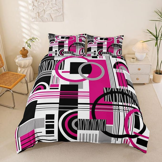 Art Deco Mid Century Duvet Cover Set Retro Modern Abstract Geometric Queen Bedding Set for Preteen Boys Girls Black and White Hot Pink Circles Stripes Comforter Cover Contemporary Bed Sets