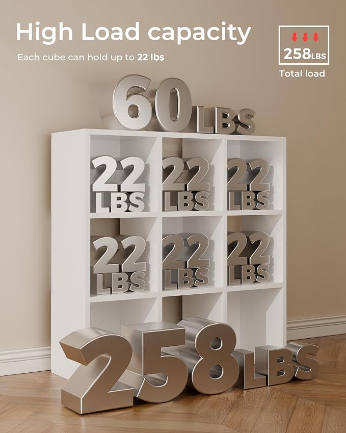 GTPLAYER 9-Cube Storage Organizer, Fits 11" Bins, Vertical or Horizontal Use, Opening Bookshelf, Partial Back Panels, Stackable Design Bookcase, for Closet, Bedroom, White