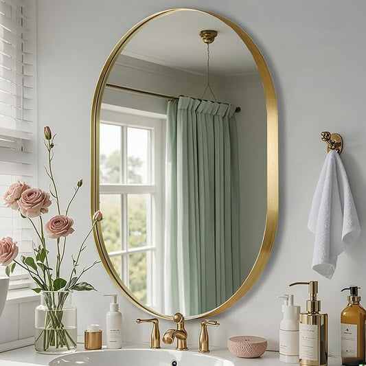Gold Oval Mirror, 17"x30" Oval Bathroom Mirror, Brushed Gold Mirror with Aluminium Alloy Frame, Anti-Rust, Tempered Glass