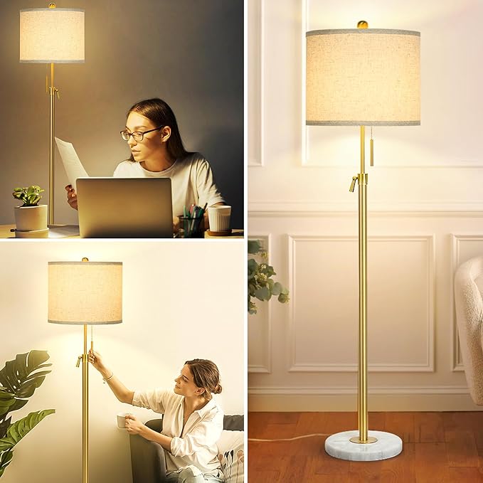 Qingmiao Modern Floor Lamp for Living Room, Adjustable Height Standing Lamp with Marble Base, Gold Tall Pole Light with Linen Shade for Reading Bedroom, Chain Switch, 8W 3-Way Dimmable Bulb Included