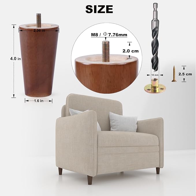 4 Inch Wood Furniture Legs Set of 4 - Solid Wood Replacement Furniture Feet for Tables, Sofas & Chairs - 4 Inch Wooden Table Legs & Cabinet Supports - Walnut Finish,Rubberwood