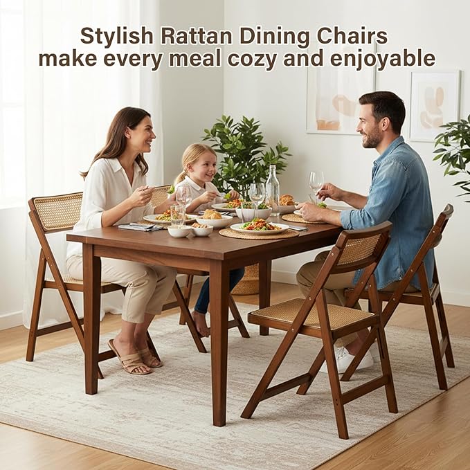 Furlide Rattan Folding Chair, Modern Mid Century Dining Chairs Set of 1, Comfy Outdoor Bamboo Chairs for Bedroom Living Room Reading Room Dining Kitchen, Walnut