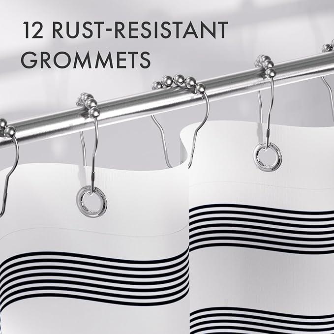 AmazerBath Striped Blue Shower Curtain, Cute Blue Stripe Bathroom Shower Curtain with 12 Shower Curtain Hooks, Rustic Fabric Blue and White, 72x72 Inches