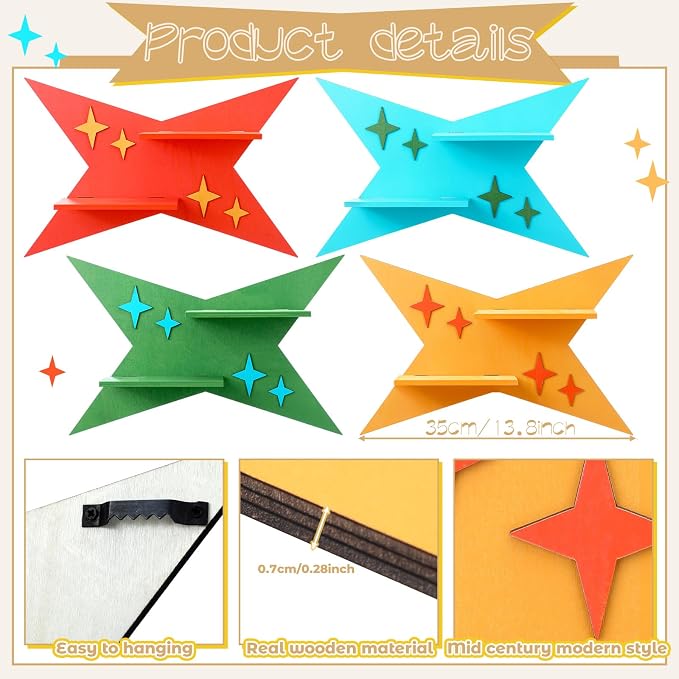 Threehoney Mid-Century Modern Wall Set of 4 Colorful Floating Display Shelves Retro Style Starburst Wall Mounted Shelves Storage for Bedroom, Living Room Decor(Four-Pointed Star)
