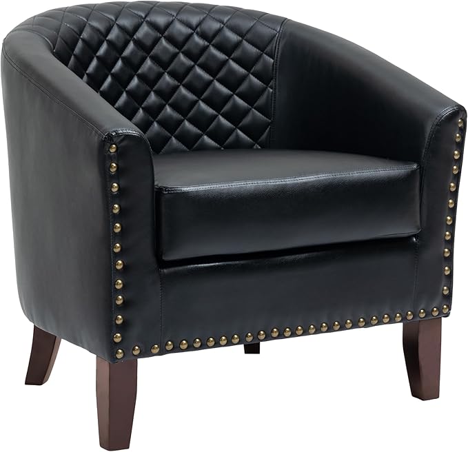 UIXE Faux Leather Barrel Accent Chairs Set of 6, Modern Club Upholstered Arm Chair, Comfy Armchair Nailed Trim Living Room Single Sofa Reading Seat Bedroom Side Sitting for Office, Black