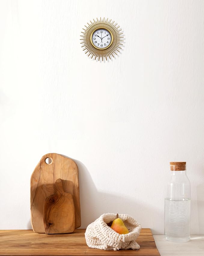 Gold Sunburst 10 Inch Small Wall Clock Battery Operated, Modern Boho Decorative Wall Clock for Living Room, Bedroom, Kitchen, Office, Bathroom