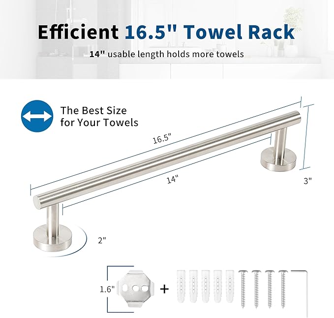 Brushed Nickel Towel Bar, 14 Inch Towel Racks for Bathroom Wall Mounted, Thicken SUS304 Stainless Steel Heavy Duty Hand Towel Holder Organizer, Bathroom Accessories, Total Length 16.5 Inch