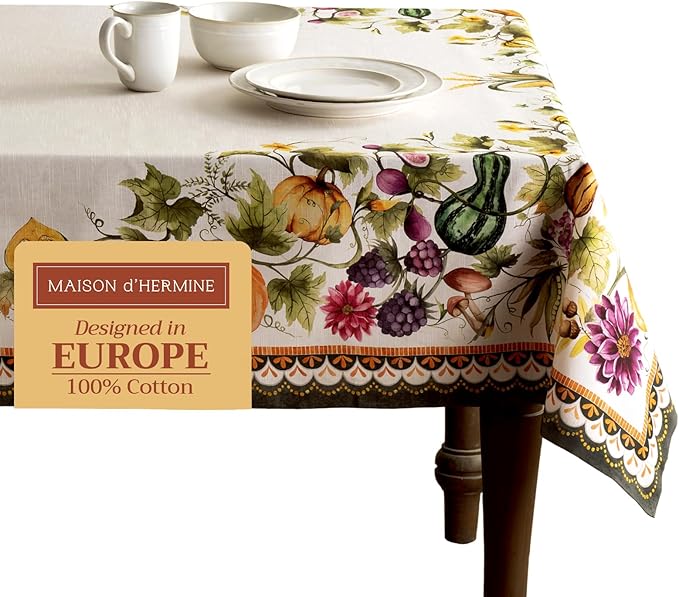 Maison d' Hermine Table Cloth Rectangle Table 100% Cotton 70 x 90 Inches Fall Tablecloth Reusable Everyday Use for Thanksgiving Christmas Decorations Dining Farmhouse (Pumpkin Garden - Cloudy Cream)