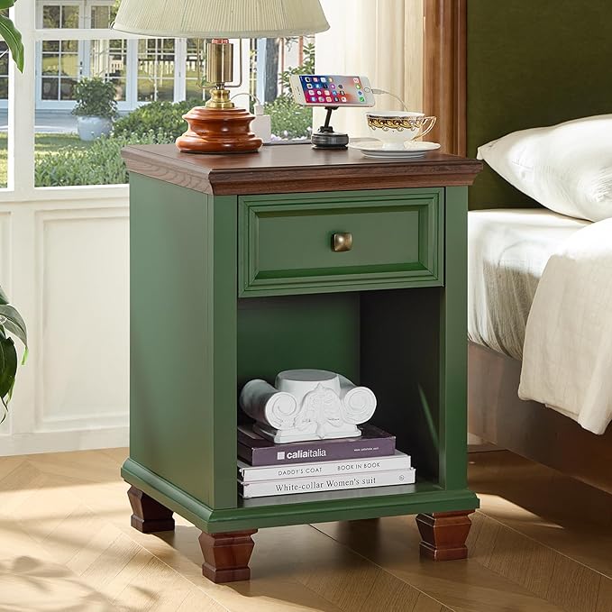 Farmhouse End Tables Living Room Set of 2, Rustic Wood Nightstand with 1 Drawer, Bedside Table with Open Shelf for Bed Room, Side Table for Living Room, Green