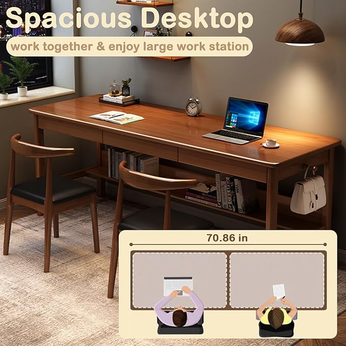 Ytaoka 70.86" Long Solid Wood Desk with 3 Drawers Home Office Computer Desk Mid Century Modern Large Study Writing Desk Simple Real Wood Desk Study Table Workstation, Walnut