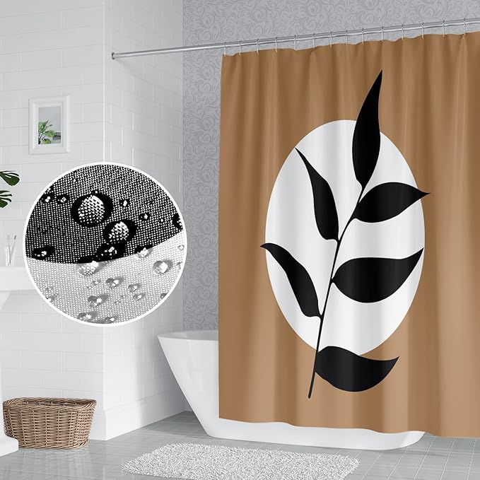 Abstract Bohemian Bathroom Shower Curtain - White Circle Eucalyptus Leaves Boho Tan With Hooks, Waterproof Polyester for Modern Aesthetics Home Decor, 72x84 Inch