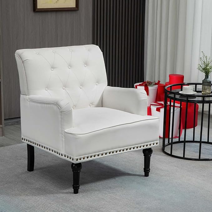 MOJAY PU Leather Accent Chair, Mid-Century Armchair Living Room Sofa Chair with Rubber Wood Leg, Club Chair with Rivet Trim for Bedroom Reading Room Reception (White)