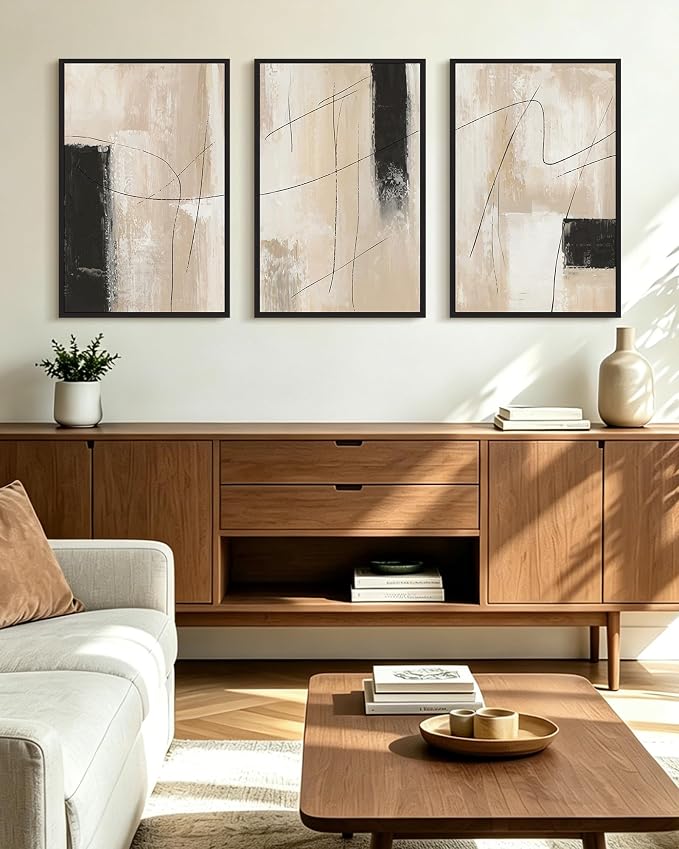 KUVIOKE Abstract Framed Wall Art Minimalist Beige Pastel Watercolor Neutral Wall Decor Modern Black Line Art Painting Home Decor 16x24in (Black Framed)