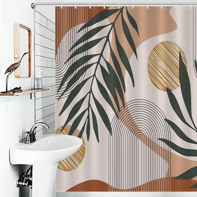 Mid Century Modern Shower Curtain, Boho Aesthetic Green Tropical Palm Leaves Abstract Minimalist Geometic Arch Waterproof Fabric Bathroom Shower Curtain Set with Hooks, 72"x78" Inch