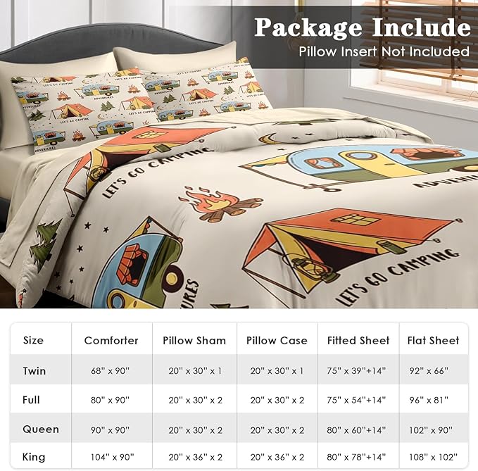 Pamnest Comforter Set Twin Size, Summer Camp RV 5 Pcs Bedding for Kids and Adults, Camping Adventure Bed Sheet Sets with Fitted Sheet Pillowcase & Sham for Bedroom Bed Decor