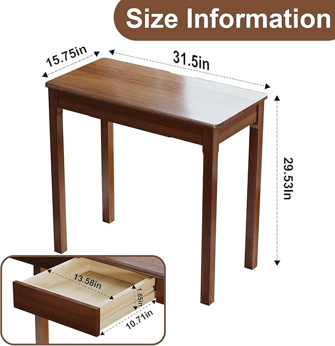 Solid Wooden Desk with Drawers - 32 x 16 Inch Narrow Desks, Rubberwood Mid Century Modern Desks, Small Writing Desk for Bedroom|Small Spaces - Walnut Color