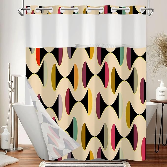 No Hook Shower Curtain with Snap in Liner Set, Mid Century Modern Geometric Abstract Print Shower Curtains for Bathroom, Waterproof Bath Tub Curtain with Mesh Top, 71W x 74H