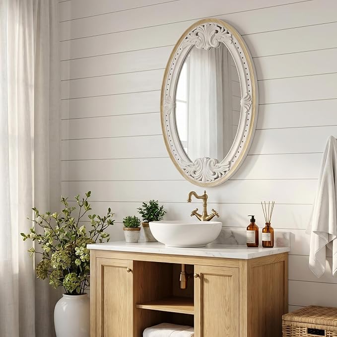 sawsile Oval Wood Mirror,Rustic 20x30 Inch Wooden Farmhouse Decorative Vanity Natural Mirrors for Bedroom, Bathroom, Living Room,or Entryway