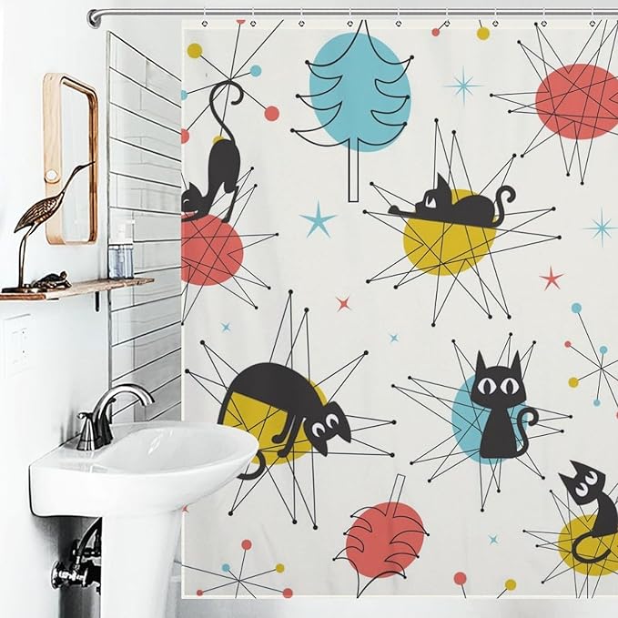 Cats Shower Curtains Black Cat Retro Atomic Christmas Pattern Duty Fabric Shower Curtain Set Bathroom Polyester Waterproof with 12 Hooks,72x72Inch（183x183cm）