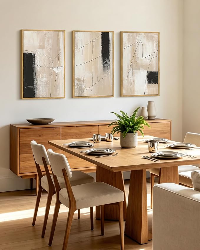 KUVIOKE Abstract Framed Wall Art Minimalist Beige Pastel Watercolor Neutral Wall Decor Modern Black Line Art Painting for Bedroom Dining Room 16x24in (Natural Framed)