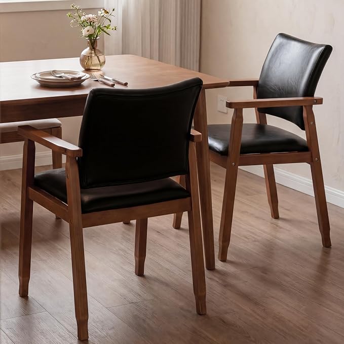 Dining Chairs with Arms Set of 2, Wood Frame Faux Leather Kitchen Chairs, Comfortable Upholstered Accent Chairs for Kitchen, Dining Room,and Living Room(Black)