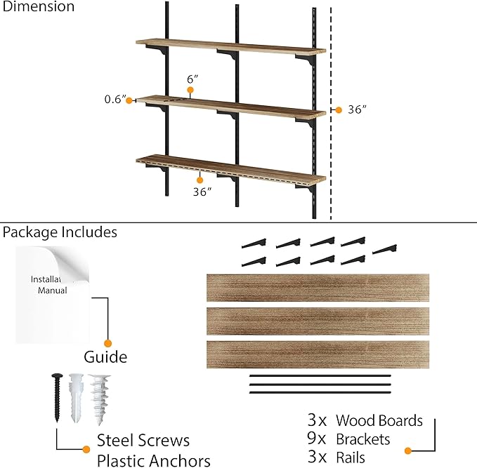 Wallniture Turin 36 inch Wooden Wall Shelf Unit, Height Adjustable Wall Shelves for Display, Storage, Organization and Decor, Kitchen Organizer Shelf, Floating Bookshelves for Living Room, 3 Tier