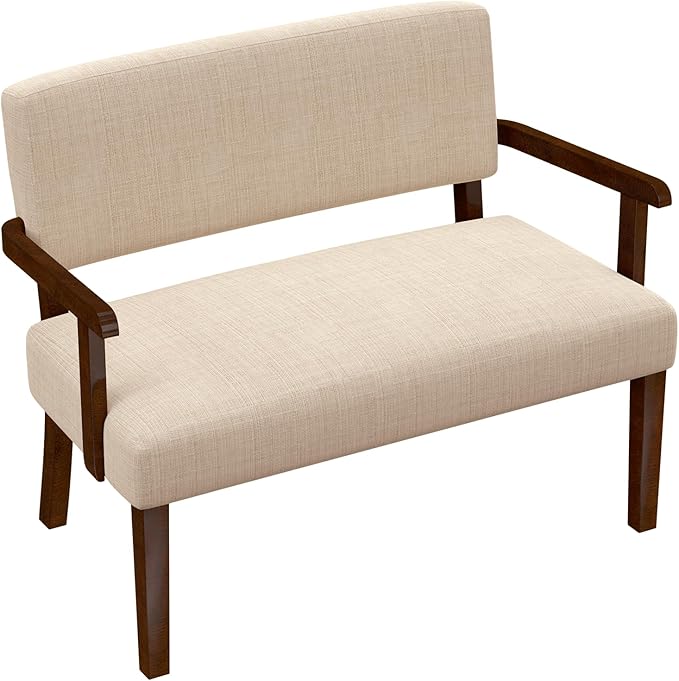 Accent Chair 2 Seat, Upholstered Reading Leisure Chair, Bench with Solid Wood Frame for Dining, Reading,Waiting Rooms (Beige)