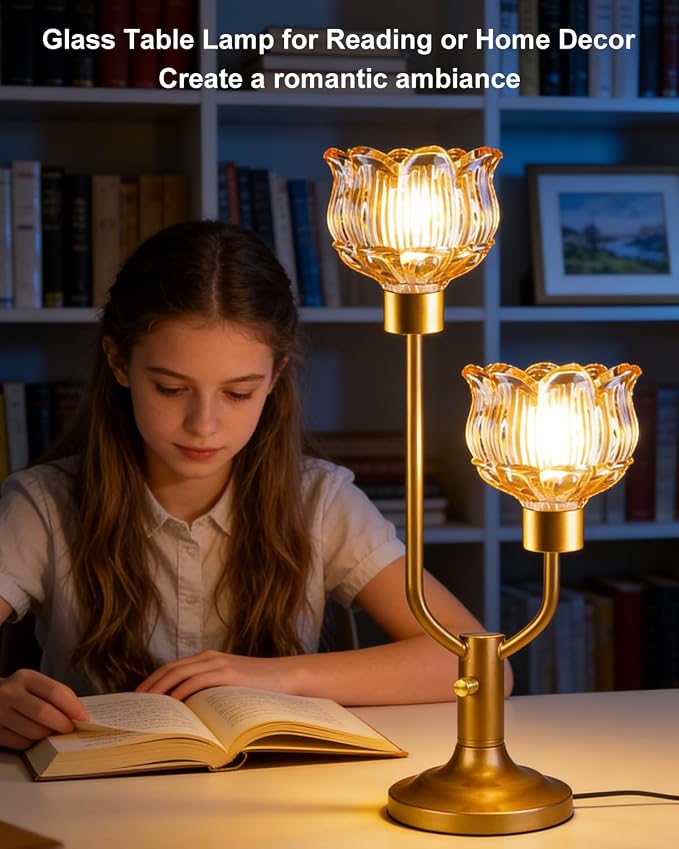Lightdot Gold Table Lamp for Living Room Dimmable Mid Century Modern Flower Desk Lamp Amber Glass Vintage Nightstand Lamp 2 Bulbs Included Warmwhite Ambient Bedside Lamps for Bedroom Home Office Decor