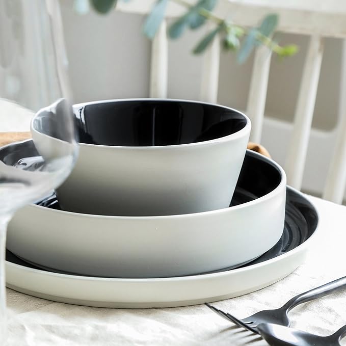 Stone Lain Elica 12-Piece Modern Dinnerware Set Stoneware, Plates and Bowl Sets for 4, Black and Beige