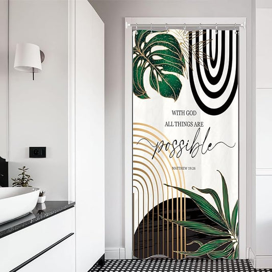 Miyotaa Stall Abstract Shower Curtain Set 36Wx71H Inches Modern Half Small Minimalist Aesthetic Bible Quotes Inspirational Contemporary Plant Leaves Tiny Bathroom Curtain with 12 Hooks