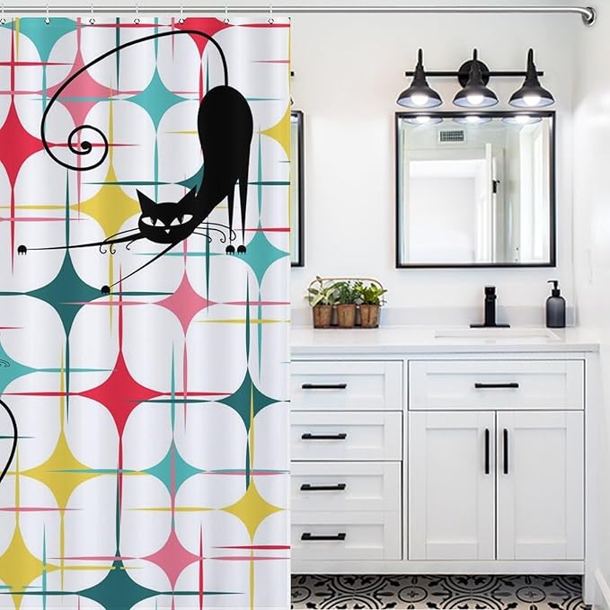 Mid Century Black Cat Shower Curtain,Retro Atomic Stars Abstract Iconic 60s Vintage Geometric Fabric Bathroom Decor Curtain with Hooks 72x72in（183x183cm）