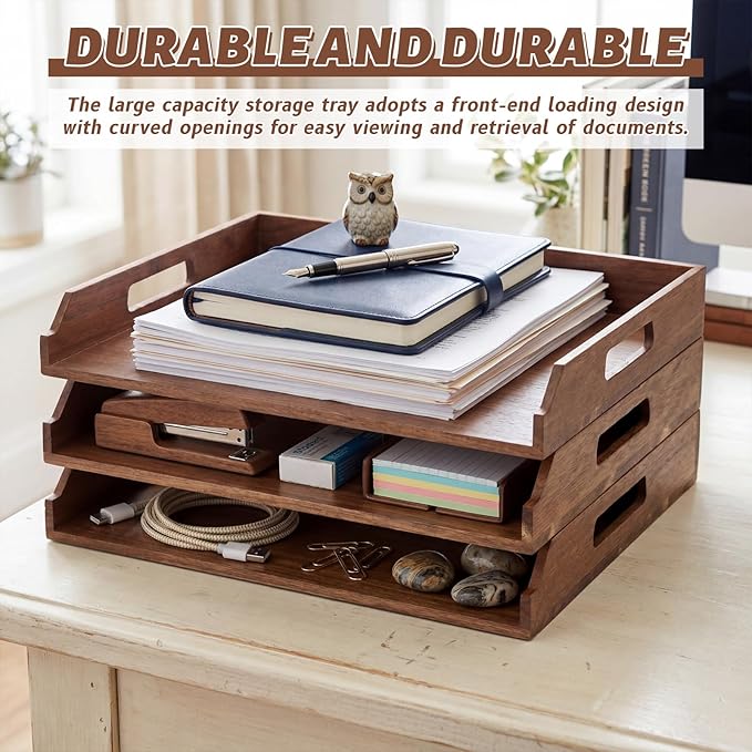 AceOrbit 3 Pcs Stackable Paper Tray Acacia Wood Desk Organizer Letter Tray 3 Tier Wooden File Organizer Desk Shelf for Documents, Letter Sorter, Envelopes and Magazine Holder