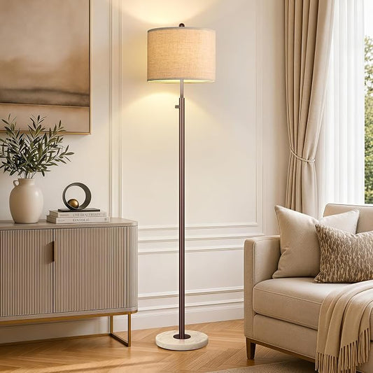 Nintiue 【Upgraded】 Dimmable Floor Lamp for Living Room, 11W LED Bulb Included, Modern Standing Lamp with Marble Base, Tall Pole Light with Linen Shade for Bedroom Reading Office Corner Nursery-Brown