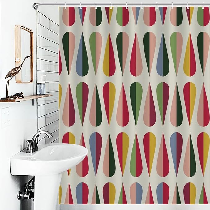 Mid Century Modern Shower Curtain,Retro Geometric Drop Shapes Art Style Shower Curtains Set for Bathroom Fabric Decorative Bath Curtain Washable Curtain Hooks, 72x72 inch