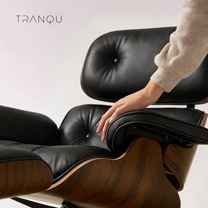 Mid-Century Genuine Top Grain Leather Chaise Lounge Chair & Ottoman, Walnut Wood Base, Modern Classic Design for Living Room & Office