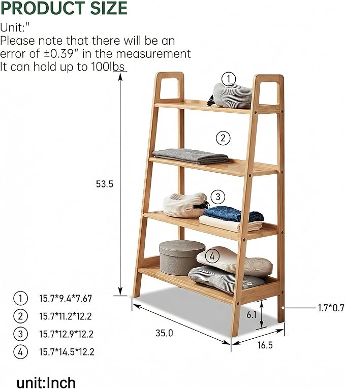 100% Solid Oak 4 Tier Ladder Shelf, Small Bookshelf, Ladder Bookshelf, Bookcase with Stable Frame, Small Table for Living Room Bedroom (Natural, 35.04" D x 16.53" W x 53.54" H)