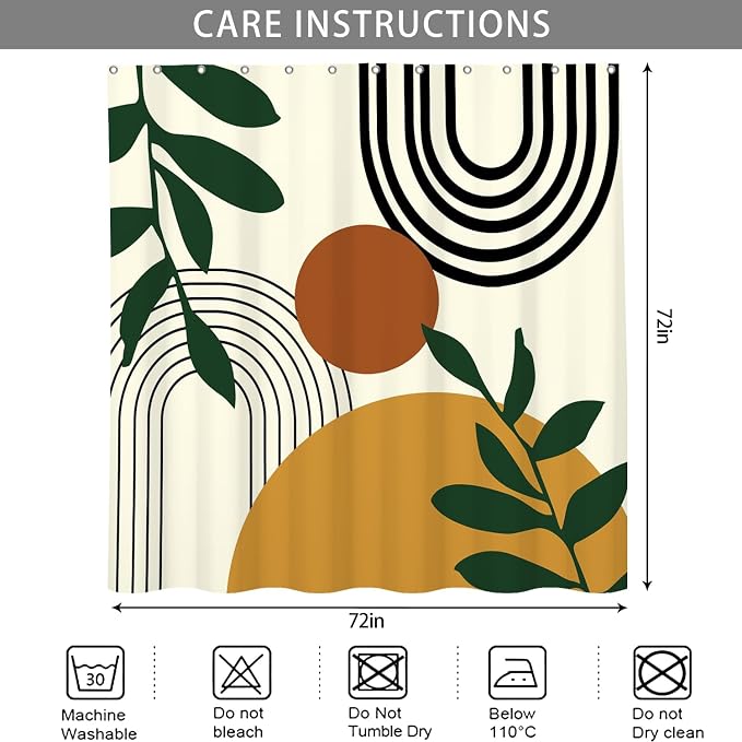 Boho Geometric Shower Curtain Beige Mid Century Abstract Arch Curve Bathroom Curtain Minimalistic Sun Shower Curtain Sets for Bathroom Extra Long 66x72 in with 12 Hooks