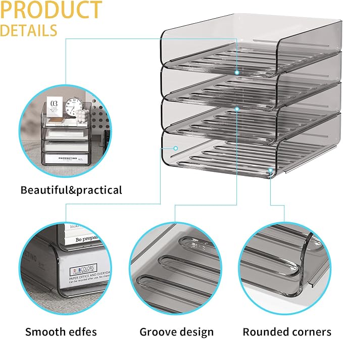 FANXIYQ 4-Tier Acrylic Paper Tray Organizer, Smoked Brown Stackable Desk File Organizer for Documents, Files, Letters, A4 Paper, Books, Notes, Mail & Paper Storage, Office Classroom Home