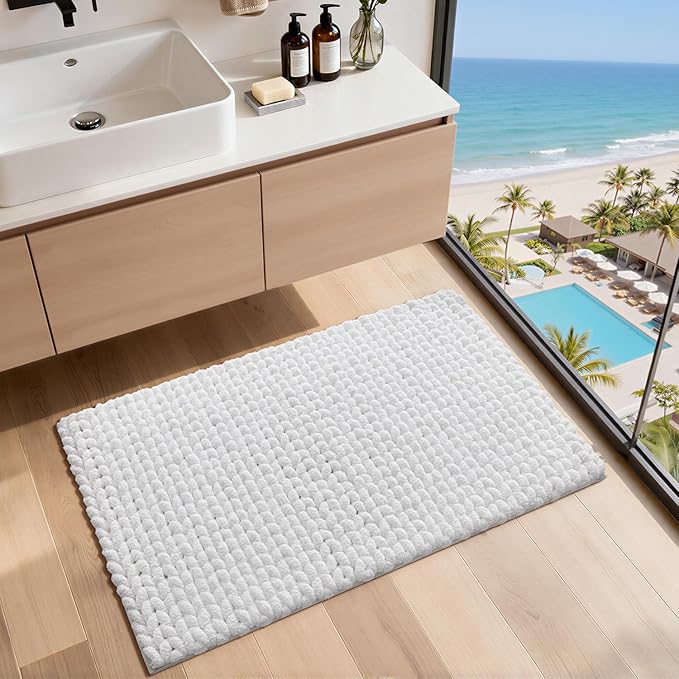 LUMI Luxury Bathroom Rug, Ultra Soft Quick Dry Bath Mat, Non-Slip Absorbent Thick Chenille Bath Rug, Cozy Braid Design Floor Mat for Bathtub, Sink, Laundry, Bedroom, White, 24"x36"