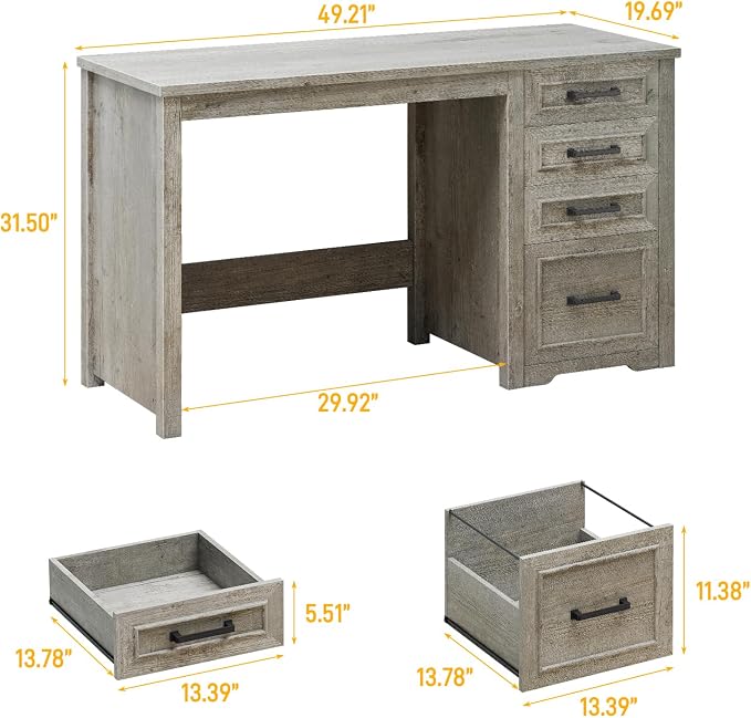 Vabches Farmhouse 49” Executive Desk with File Drawer, 4 Drawers Reversible Computer Desk with Storage, Rustic Home Writing Workstation for Home Office.Grey