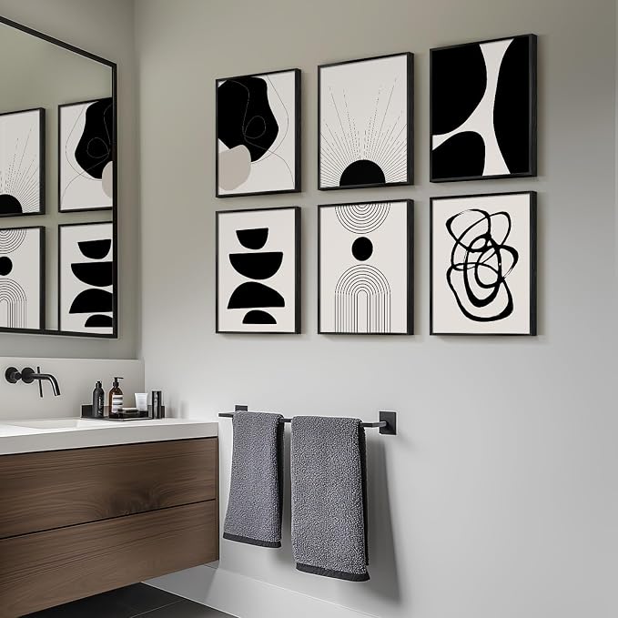 Framed Boho Black and White Abstract Wall Art, Set of 6 Modern Canvas Prints Paintings Artwork for Walls, Minimalist Geometric Pictures for Living Room Bedroom Office Bathroom Wall Decor 11x14 Inch